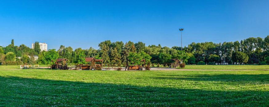 Cherkasy, Ukraine 07.12.2020. Valley of roses park on the banks of the Dnieper river in Cherkasy, Ukraine, on a sunny summer morning