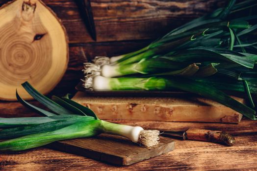 Fresh green leek on wooden cutting board