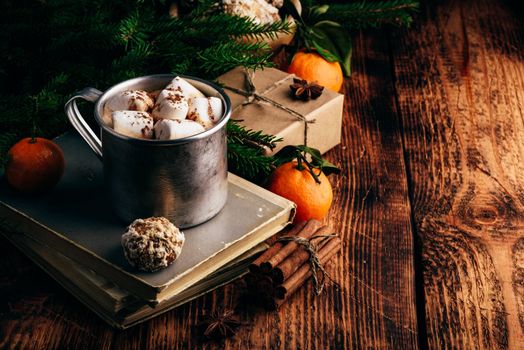 Hot chocolate with marshmallows and gingerbread over old books