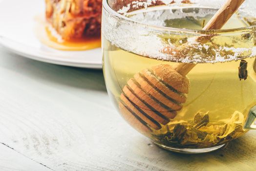 Honey dipper in cup of green tea. Copy space
