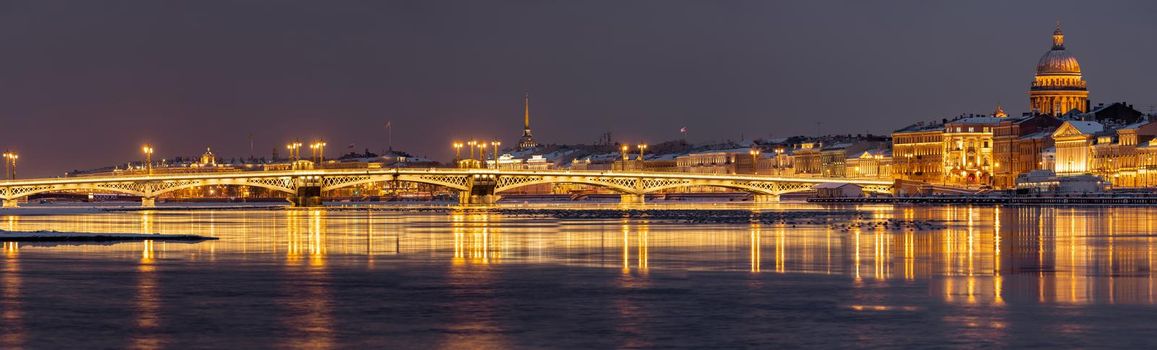 The panoramic image of the winter night city Saint-Petersburg, Blagoveshchensky Bridge, the bridge of the lieutenant Schmidt, a night motionless panorama, St. Isaac's Cathedral, Palace Bridge. High quality picture