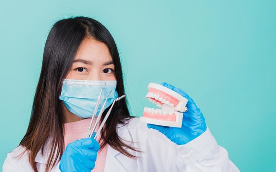 Asian beautiful woman dentist holding professional tool and model teeth denture, female doctor checking denture studio shot isolated on blue background. Dental hygiene surgery health care concept