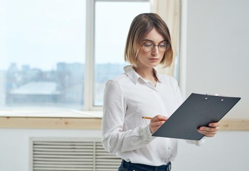 Business woman documents interior window room mockup. High quality photo