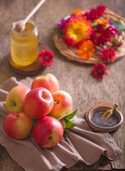 Apple and honey, traditional food. Selective focus. Copyspace background