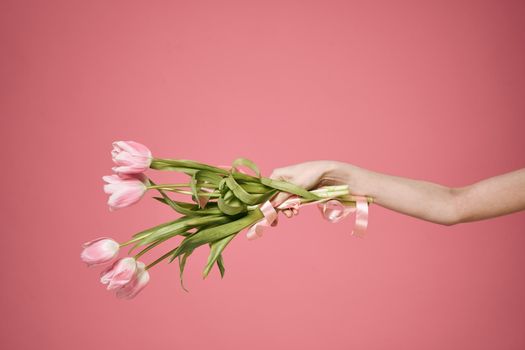 a bouquet of flowers in the hands of a woman pink background. High quality photo
