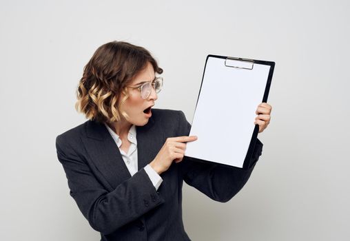 Business woman in classic suit blank paper documents mock up. High quality photo