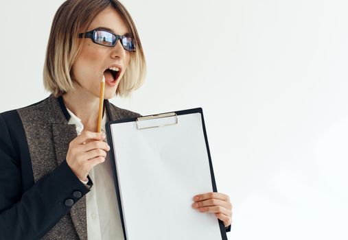 woman wearing glasses with document folder hand and business finance mockup. High quality photo