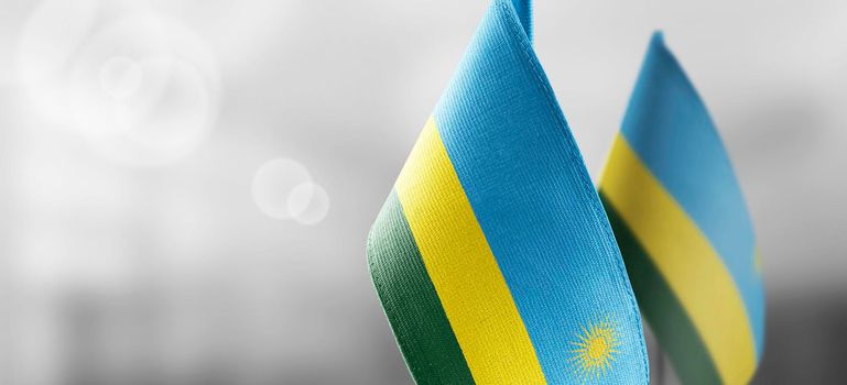 Small national flags of the Rwanda on a light blurry background.