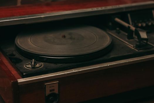 retro turntable vintage vinyl collection top view entertainment. High quality photo