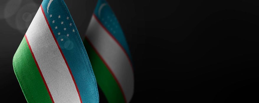Small national flags of the Uzbekistan on a dark background.