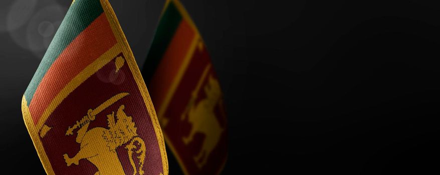 Small national flags of the Sri Lanka on a dark background.