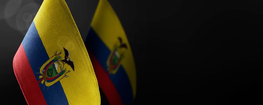 Small national flags of the Ecuador on a dark background.