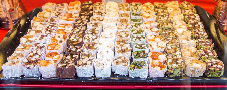 Delicious Turkish delight placed in a metal tray