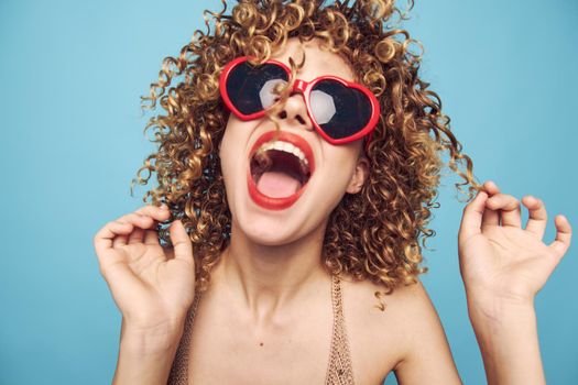 Beautiful woman Emotions wide open mouth lipstick isolated background