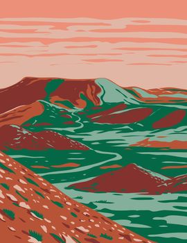 WPA poster art of the Alibates Flint Quarries National Monument  showing red bluffs, canyon rims and mesas near Amarillo and Fritch, Texas in works project administration or federal art project style.