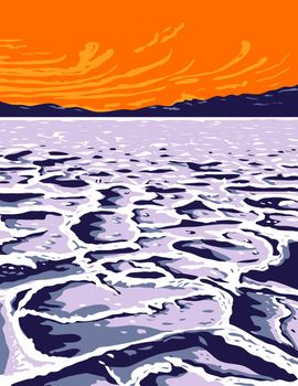 WPA poster art of Badwater Basin, an endorheic basin in Death Valley National Park Inyo County California lowest point in North America in works project or administration federal art project style.