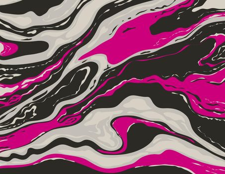 Digital marbling or inkscape illustration of an abstract swirling psychedelic, liquid marble and simulated marbling the Suminagashi Kintsugi marbled effect style shown in Black and White Brink Pink color.
