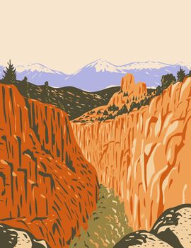 WPA poster art of the Browns Canyon National Monument encompassing canyons and forests in Arkansas River Valley and the Sawatch Range in Chaffee County Colorado in works project administration style.
