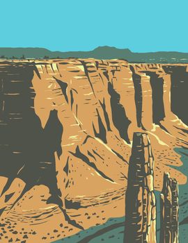 WPA poster art of the Spider Rock, a sandstone spire in Canyon de Chelly National Monument on Navajo tribal lands in Arizona United States in works project administration or Federal Art Project style.