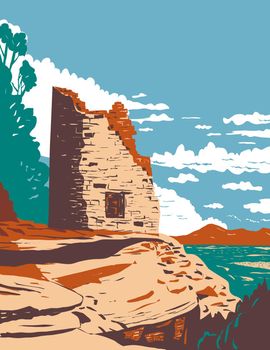 WPA poster art of the Painted Hand Pueblo in Canyon of the Ancients National Monument in southwest Colorado, United States in works project administration or Federal Art Project style.
