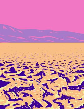 WPA poster art of spiky salt mounds known as the Devil’s Golf Course in Death Valley National Park located in California–Nevada border USA in works project administration or federal art project style.