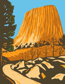 WPA poster art of the Devils Tower National Monument, a butte or laccolithic in Bear Lodge Ranger District of the Black Hills in Wyoming in works project administration or federal art project style.