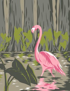 WPA poster art of a flamingo in the wetlands, swamps and marshes of the Everglades National Park in Florida United States in works project administration or federal art project style.