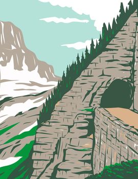 WPA poster art of Going-to-the-Sun Road in Eastside tunnel and Mt. Reynolds, Glacier National Park, Montana, United States in works project administration or federal art project style.