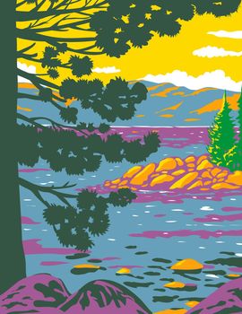 WPA poster art of Emerald Bay, Lake Tahoe, a large freshwater lake in the Sierra Nevada Mountains located in California and Nevada done in works project administration or federal art project style.