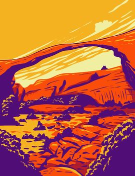 WPA poster art of the Landscape Arch, the longest of the many natural rock arches located in Arches National Park, Utah United States done in works project administration or federal art project style.