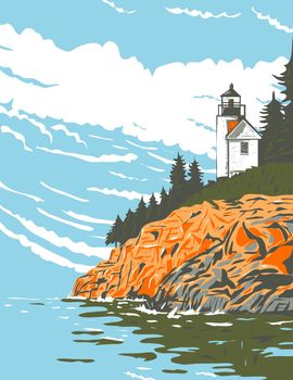 WPA poster art of Mount Desert Island in Hancock County, the largest island off the coast of Maine part of Acadia National Park done in works project or administration federal art project style.