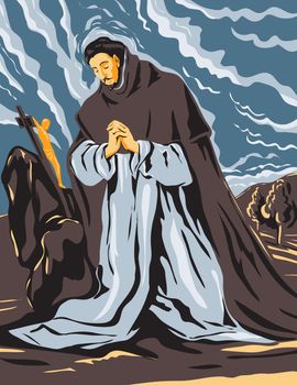 WPA Poster Art Interpretation of El Greco Domenikos Theotokopoulos Artwork, Saint Dominic in Prayer Circa 1605, 16th Century Spanish Renaissance Artist in Works Project Administration Style.