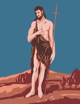 WPA poster art interpretation of El Greco Domenikos Theotokopoulos artwork, Saint John the Baptist circa 1597, 16th century Spanish Renaissance artist in works project administration style.