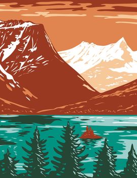 WPA poster art of Saint Mary Lake, the second-largest lake in Glacier National Park located in Montana, United States of America done in works project administration or federal art project style.