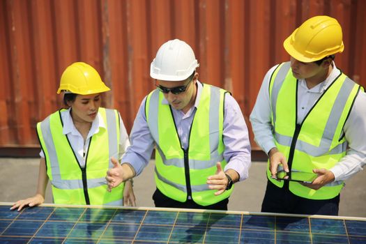 technicians install panels Solar cells to produce and distribute electricity. Energy technology concept