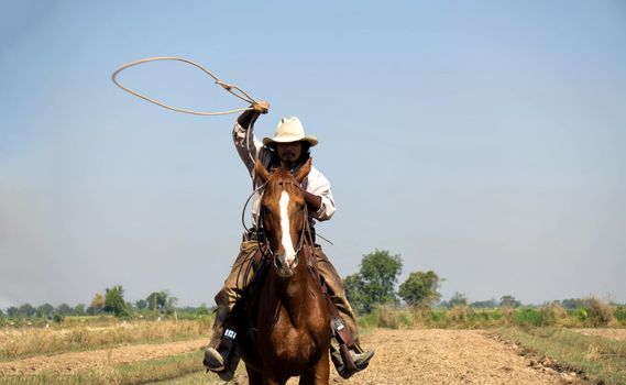 Rider as cowboy outfit costume with a horses and a gun held in the hand against smoke and sunset background