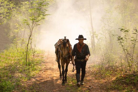The silhouette of  rider as cowboy outfit costume with a horses and a gun held in the hand against smoke and sunset background