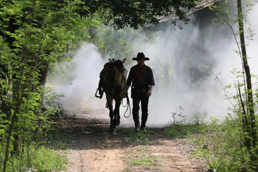 The silhouette of  rider as cowboy outfit costume with a horses and a gun held in the hand against smoke and sunset background