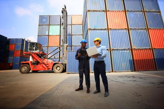 Professional engineer staff team checking and inspect container for international business logistic import and export concept.