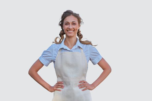 Woman dressed apron white background Caucasian middle age female business owner in uniform Happy one person smiling Time to advertise Small business