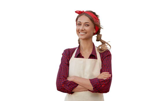 Woman dressed red plaid shirt background Caucasian middle age female business owner in uniform Happy one person smiling Time to advertise Small business