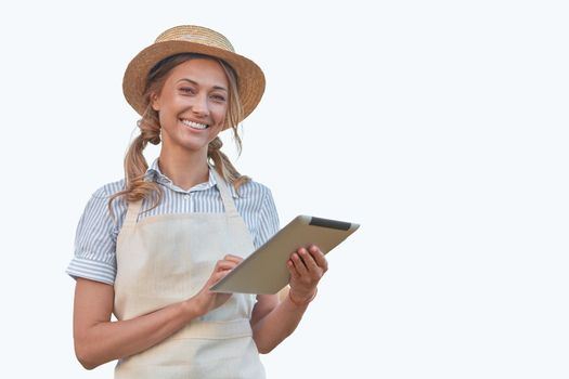 Woman dressed apron with digital tablet isolated white background Farmer agricultural Caucasian middle age Female business owner Happy one person smiling Time to advertise Concept web banner