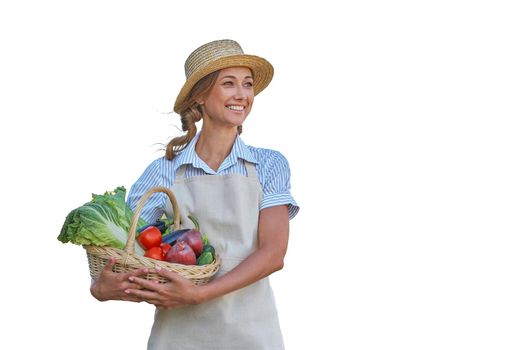 Woman dressed apron white background Farmer vegetables basket Agricultural concept Caucasian middle age Female business owner in uniform Happy one person smiling Time to advertise Banner