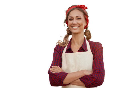 Woman dressed red plaid shirt background Caucasian middle age female business owner in uniform Happy one person smiling Time to advertise Small business
