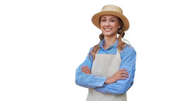 Woman dressed apron white background Farmer agricultural Caucasian middle age Female business owner in uniform hands crossed Happy one person smiling Time to advertise Concept web banner