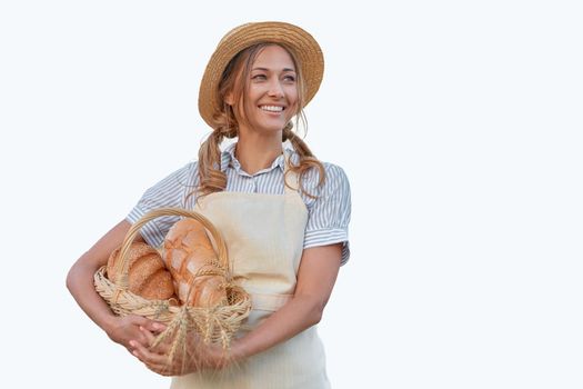 Woman dressed apron white background Farmer bread basket Agricultural concept Caucasian middle age Female business owner in uniform Happy one person smiling Time to advertise Banner Thumb up