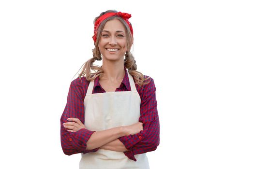 Woman dressed red plaid shirt background Caucasian middle age female business owner in uniform Happy one person smiling Time to advertise Small business