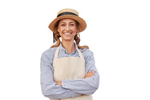 Woman dressed apron white background Farmer agricultural Caucasian middle age Female business owner in uniform hands crossed Happy one person smiling Time to advertise Concept web banner