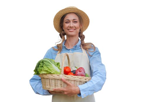 Woman dressed apron white background Farmer vegetables basket Agricultural concept Caucasian middle age Female business owner in uniform Happy one person smiling Time to advertise Banner
