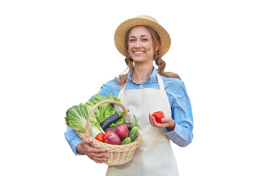 Woman dressed apron white background Farmer vegetables basket Agricultural concept Caucasian middle age Female business owner in uniform Happy one person smiling Time to advertise Banner